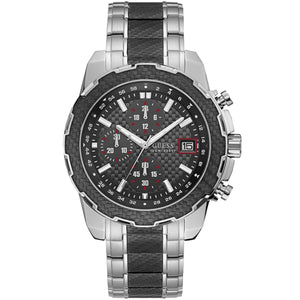 Guess Octane W1046G1 men's watch with silver stainless steel bracelet and black carbon dial