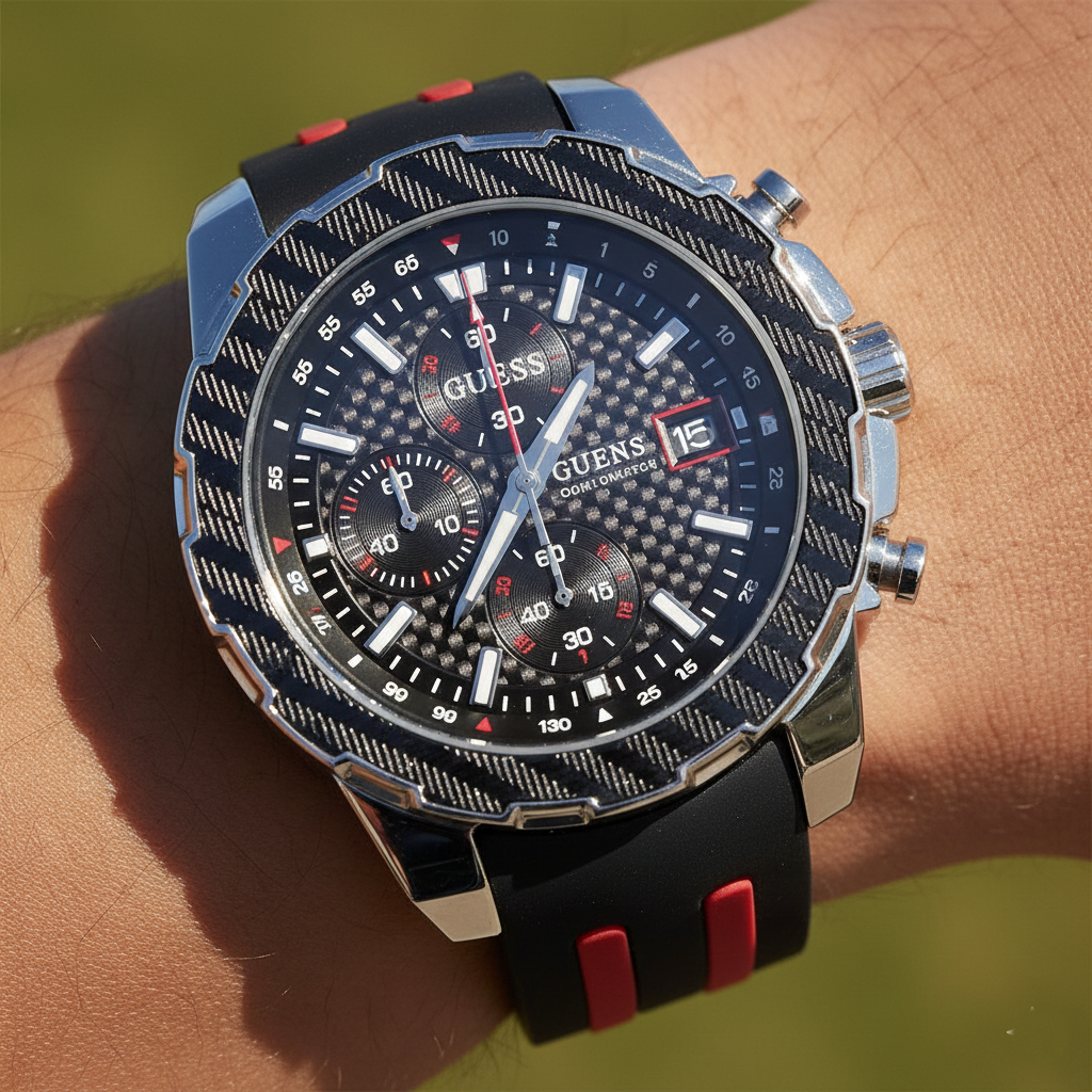Close up shot of Guess W1047G1 on wrist highlighting the carbon fiber look dial and red accents