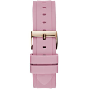 Rose gold-tone stainless steel buckle on the durable pink rubber strap of the Guess W1053L3