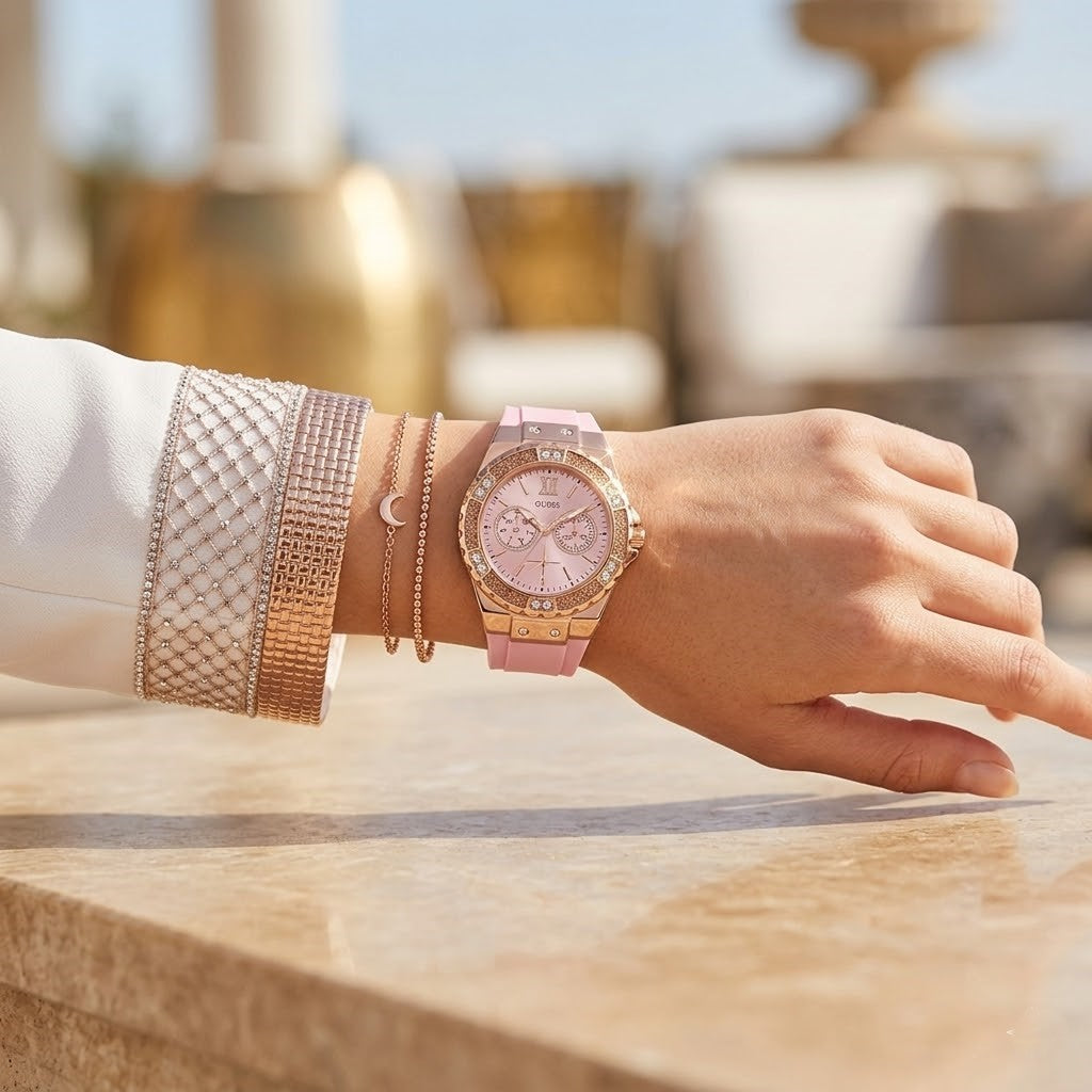 Close up shot of Guess W1053L3 on wrist showing the light pink dial with multi-function sub-dials and crystal bezel details