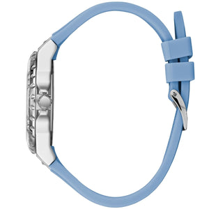 Angled view of Guess W1053L5 highlighting the polished silver-tone case and durable sky blue rubber strap