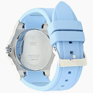 Silver-tone stainless steel buckle on the durable sky blue rubber strap of the Guess W1053L5