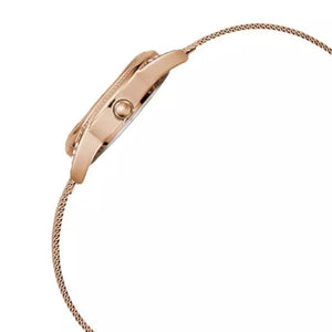 Detailed side view of the rose gold crown on the Guess W1084L3