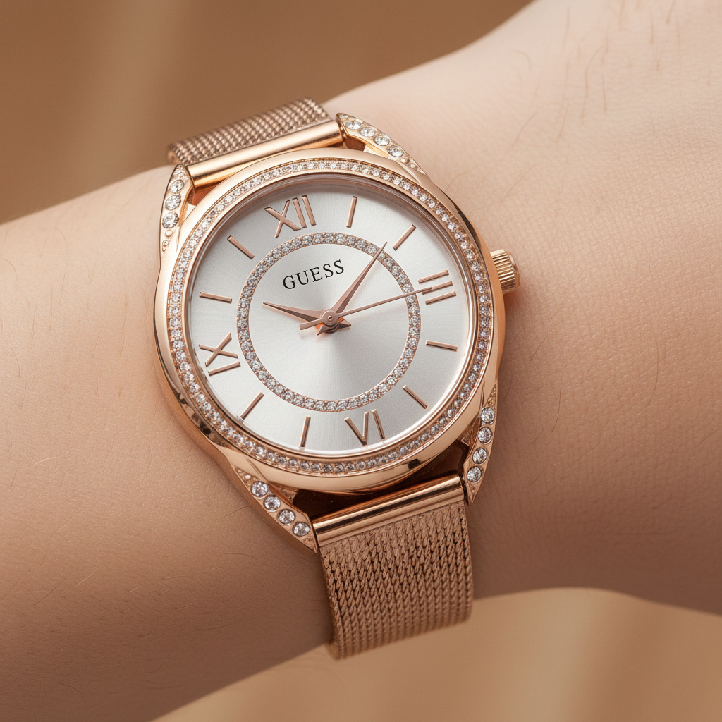 Close up shot of Guess W1084L3 watch on wrist showing the crystal ring on the dial