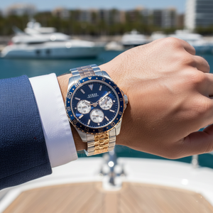 Male model wearing Guess W1107G3 two-tone watch with a smart casual outfit