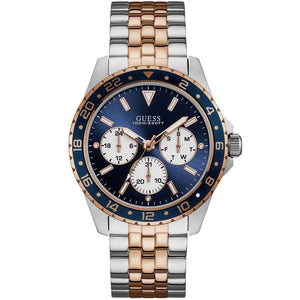 Guess Odyssey W1107G3 men's watch with two-tone silver and rose gold bracelet and blue panda dial