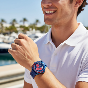 Male model wearing Guess W1108G1 blue watch with a sporty outfit