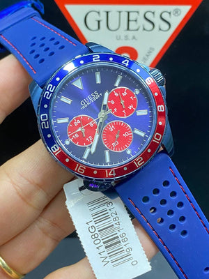Authentic real-life photo of the Guess W1108G1 showing actual blue case color and Pepsi bezel in Egypt