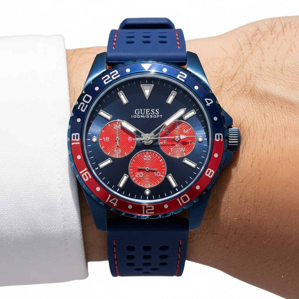 Close up shot of Guess W1108G1 on wrist highlighting the blue dial and red stitching