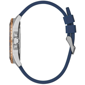 Side profile view of the 12mm silver case of the Guess W1108G4