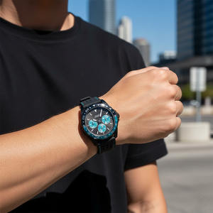 Male model wearing Guess W1108G5 black rubber watch with a trendy casual outfit