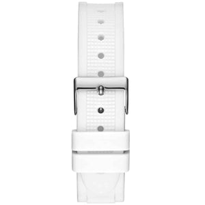 Silver-tone buckle on the unique white silicone and metal link strap of the Guess W1234L1