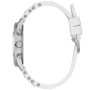 Detailed side view of the silver crown and pushers on the Guess W1234L1