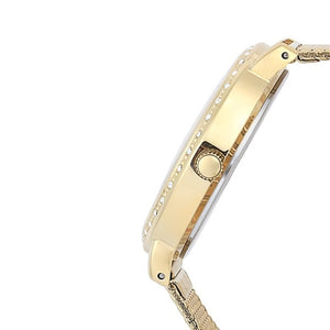 Left side perspective of the Guess Willow W0836L3 sunray silver dial and thin gold case