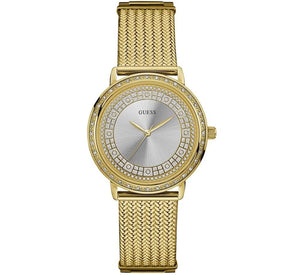 Guess Willow W0836L3 ladies watch with gold tone case, crystal bezel and gold mesh bracelet