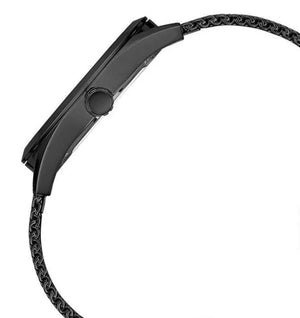 Left side view of the sleek black stainless steel case of Guess GW0368G3
