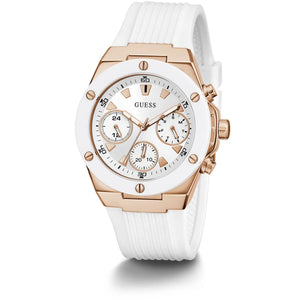 Right angled view of Guess Athena GW0030L3 women's quartz battery watch highlighting rose gold finish and white bezel details