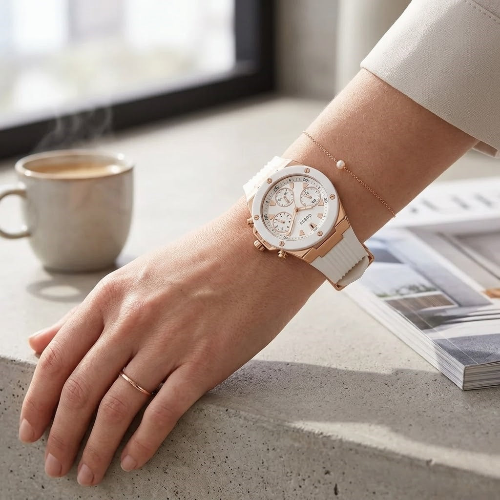 Close up of Guess Athena GW0030L3 women's quartz battery watch on wrist showing clean white dial and luxury white bezel