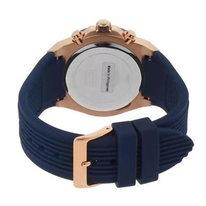 Caseback of Guess Athena GW0030L5 women's quartz battery watch showing technical specs 30m water resistance and rubber strap