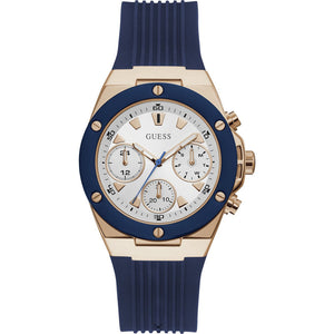 Guess Athena GW0030L5 women's quartz battery watch with silver sunray dial, multi-function sub-dials, rose gold and blue case, navy blue rubber strap main view