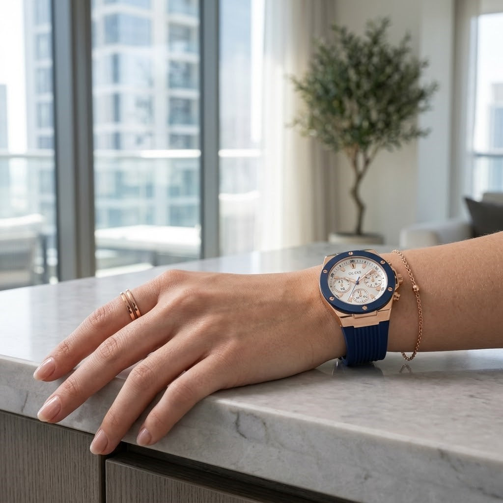 Close up of Guess Athena GW0030L5 women's quartz battery watch on wrist showing clean silver dial and luxury blue bezel