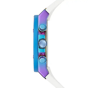 Detailed view of multicolor iridescent textured crown on Guess Athena GW0030L6 women's quartz battery watch
