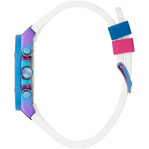 Side profile of Guess Athena GW0030L6 women's quartz battery watch showing 10mm thickness and rainbow finish
