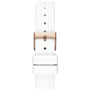 Rose gold-tone buckle clasp on Guess Cosmo GW0034L2 women's quartz battery white rubber strap watch