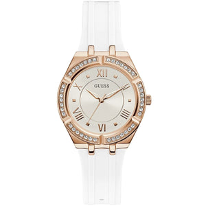 Guess Cosmo GW0034L2 women's quartz battery watch with silver sunray dial, rose gold-tone Roman numerals, rose gold case with crystals, white rubber strap main view