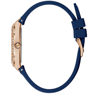 Side profile of Guess Cosmo GW0034L4 women's quartz battery watch showing 9mm thickness and gold finish