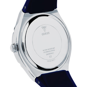 Caseback of Guess Cosmo GW0034L5 women's quartz battery watch showing technical specs 30m water resistance and rubber strap
