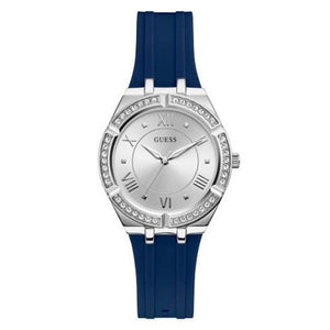 Guess Cosmo GW0034L5 women's quartz battery watch with silver sunray dial, silver-tone Roman numerals, silver case with crystals, blue rubber strap main view