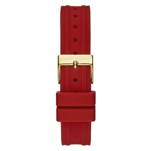 Gold-tone buckle clasp on Guess Cosmo GW0034L6 women's quartz battery red rubber strap watch