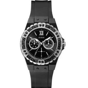 Guess Limelight GW0041L5 women's watch featuring a black ion-plated case with crystal bezel, black multi-function dial, and black rubber strap
