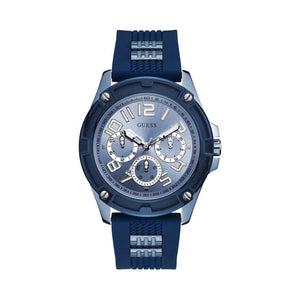 Guess Rig GW0051G4 men's watch with silver case, blue bezel, and blue rubber strap with metal inserts
