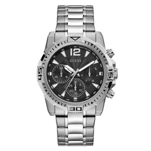Guess Commander GW0056G1 men's watch with silver stainless steel case, black dial, and bracelet
