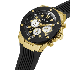 Right angled view of Guess Poseidon GW0057G1 men's quartz battery watch highlighting gold finish and black bezel details