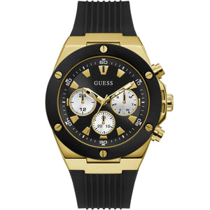 Guess Poseidon GW0057G1 men's quartz battery watch with black sunray dial, silver-tone multi-function sub-dials, gold case with black bezel, black rubber strap main view