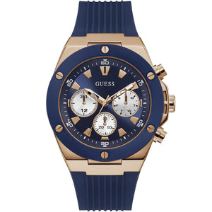 Guess Poseidon GW0057G2 men's quartz battery watch with navy blue sunray dial, silver-tone multi-function sub-dials, rose gold case with blue bezel, navy blue rubber strap main view