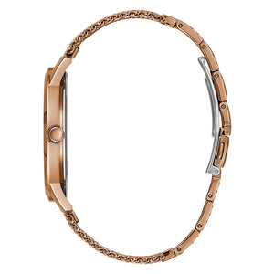 Detailed view of rose gold-tone minimalist crown on Guess GW0074G1 men's quartz battery watch