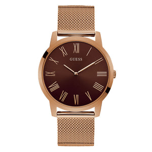 Guess GW0074G1 men's quartz battery watch with brown dial, roman numerals, rose gold case, rose gold stainless steel mesh bracelet main view