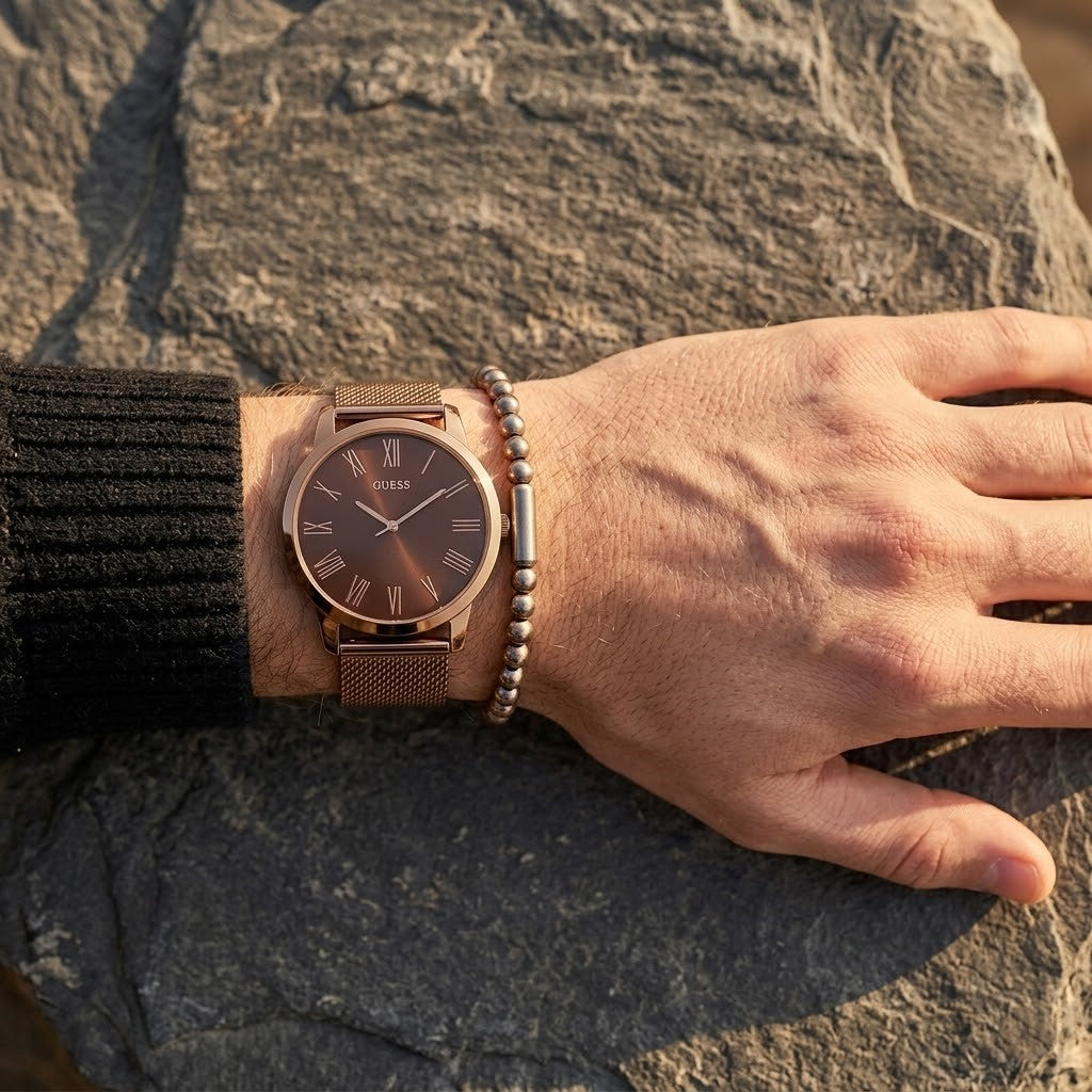 Close up of Guess GW0074G1 men's quartz battery watch on wrist showing clean brown dial and rose gold roman numerals