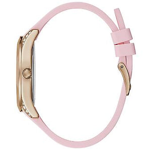Side profile of Guess Lady Frontier GW0109L2 women's quartz battery watch showing 11mm thickness and rose gold finish