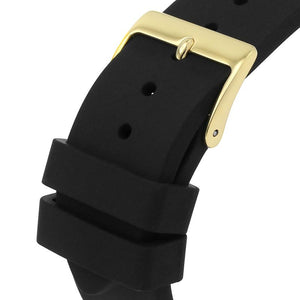 Gold-tone buckle clasp on Guess Venus GW0118L1 women's quartz battery black rubber strap watch