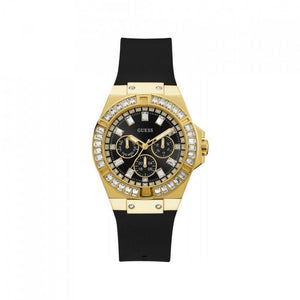 Guess Venus GW0118L1 women's quartz battery watch with black dial, multi-function sub-dials, gold case with baguette crystals, black rubber strap main view