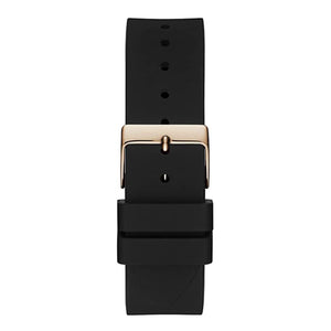 Rose gold-tone buckle clasp on Guess Venus GW0118L2 women's quartz battery black rubber strap watch