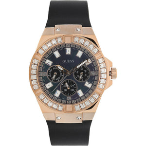 Guess Venus GW0118L2 women's quartz battery watch with black mother of pearl dial, multi-function sub-dials, rose gold case with baguette crystals, black rubber strap main view