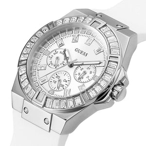 Right angled view of Guess Venus GW0118L3 women's quartz battery watch highlighting silver finish and baguette crystal details