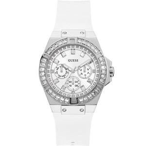 Guess Venus GW0118L3 women's quartz battery watch with white dial, multi-function sub-dials, silver case with baguette crystals, white rubber strap main view
