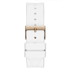 Rose gold-tone buckle clasp on Guess Venus GW0118L4 women's quartz battery white rubber strap watch
